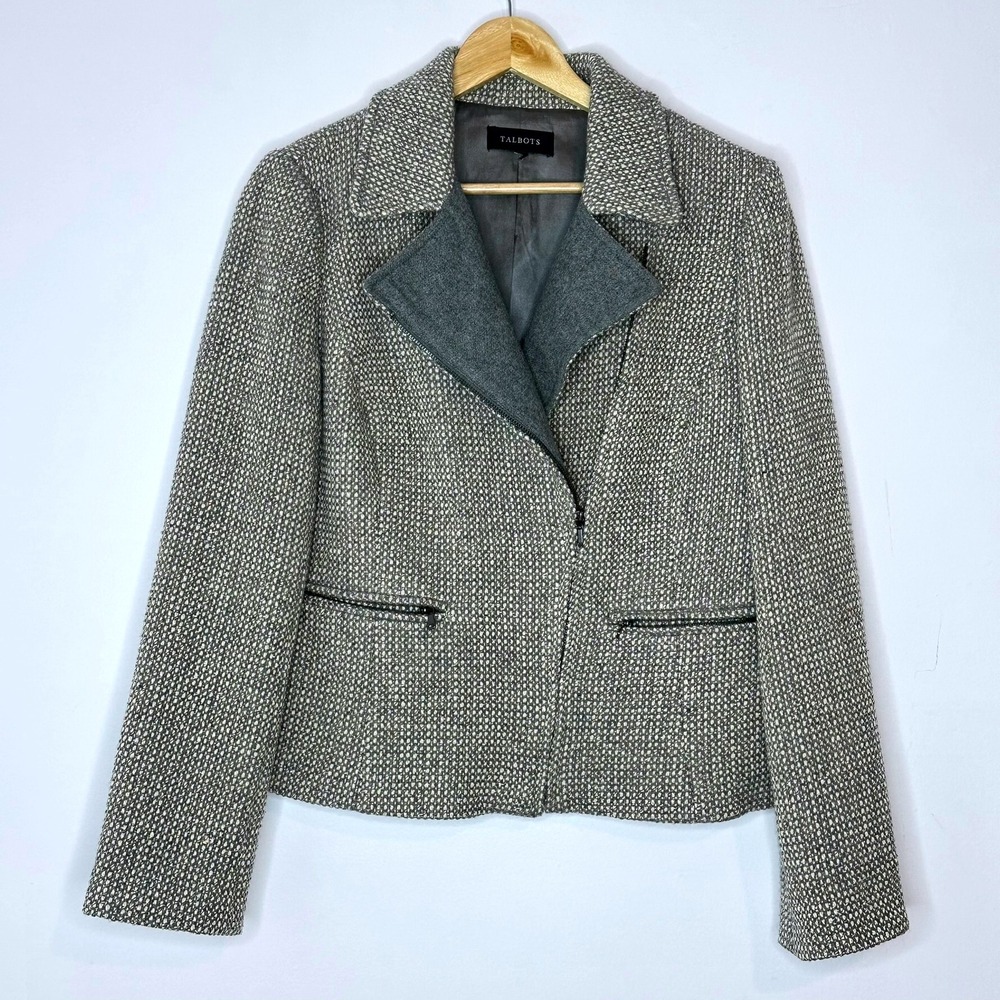 Talbots Womens Tweed Moto Jacket Gray Wool Blend Textured Zippered Size‎